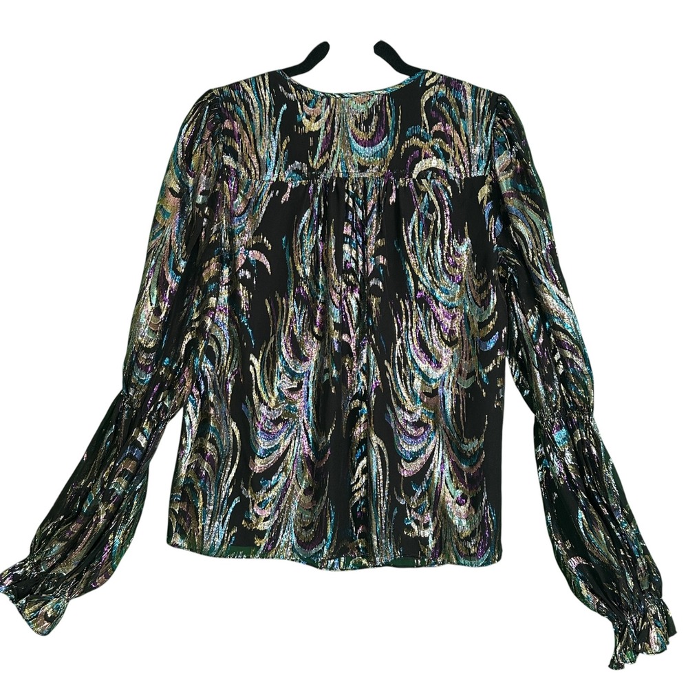 Trina Turk Top Ambrosial Silk Blend Metallic Jacquard V-Neck Black Multi S Glam - Picture 11 of 14